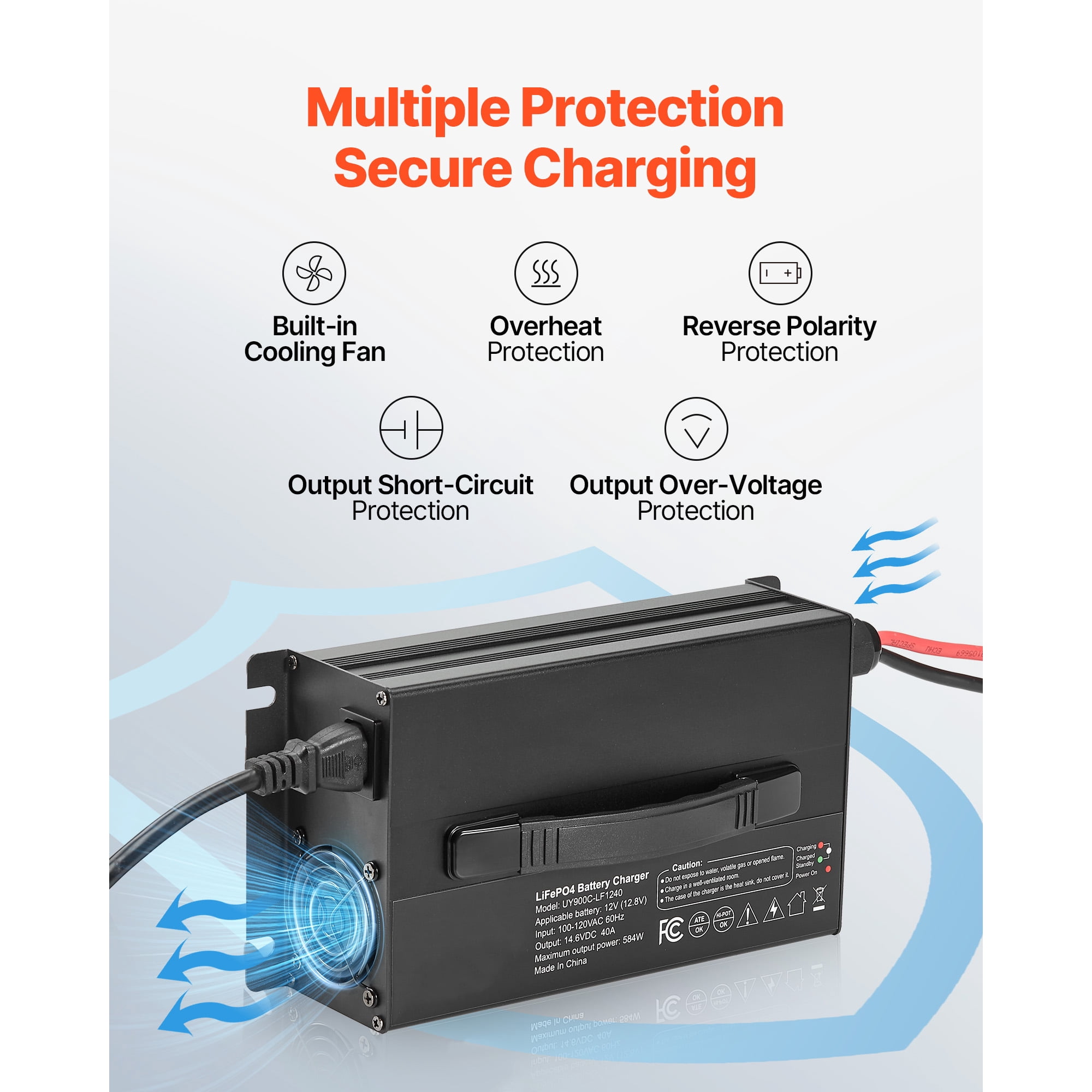 KFFKFF 12V 40A Lithium Battery Charger, 14.6V AC-DC LiFePO4 Smart Charger with Anderson Connector, LED Indicator, 0V Activation, Compatible with Lithium LiFePO4 Deep Cycle Batteries for Boats and RVs