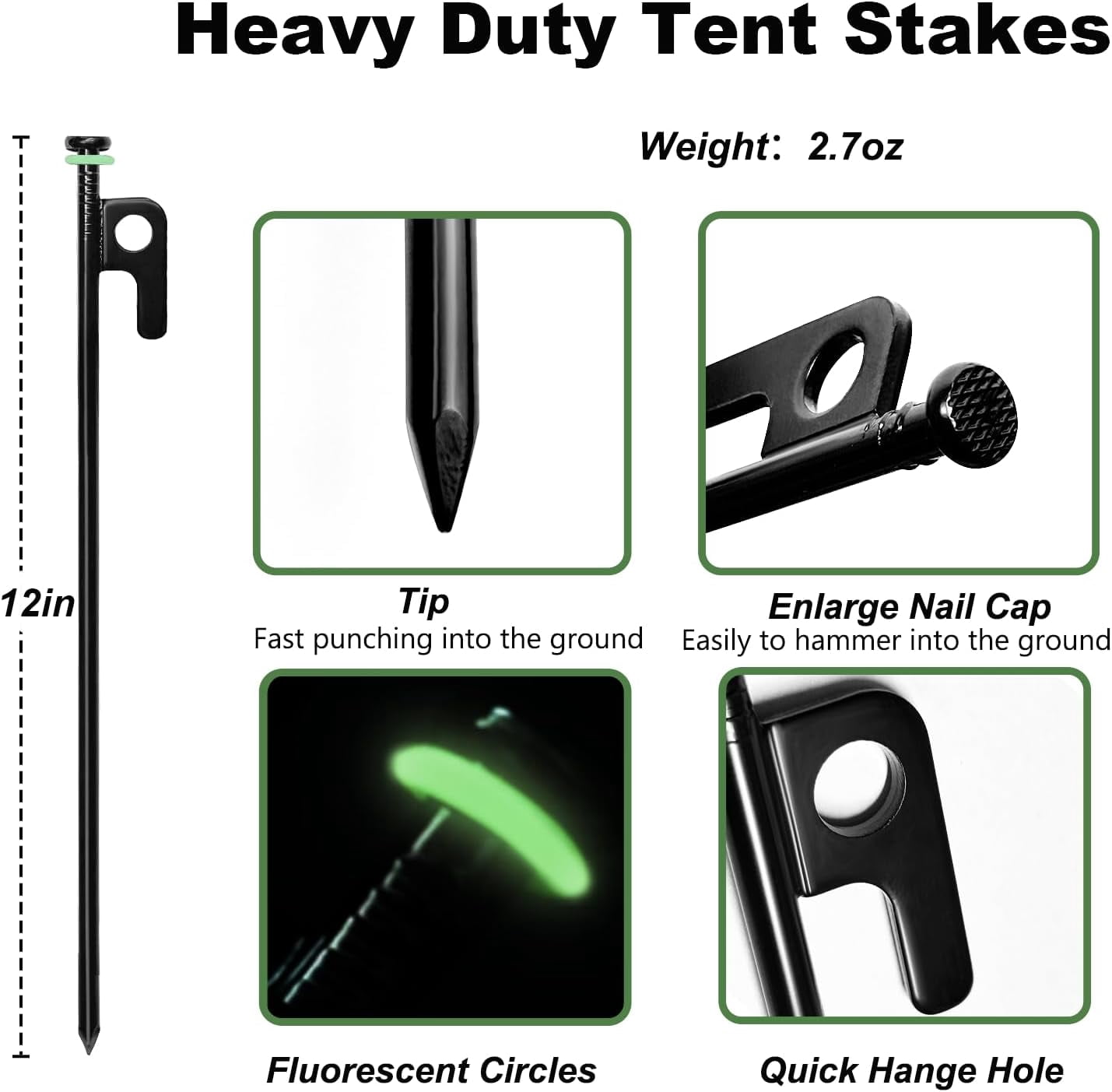 Tent Stakes, Heavy Duty with Storage Pouch, Forged Steel Metal Stake for Tent Used on Rocky Place, Grassland, Dessert