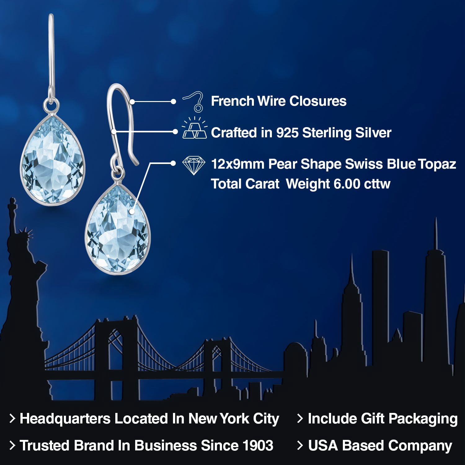 Gem Stone King 6.00 Cttw Swiss Blue Topaz Earrings in 925 Sterling Silver | Pear Shaped 12X9MM | Gemstone Birthstone | Drop Dangle Teardrop Earrings for Women