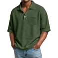 thumbnail image 2 of Mens Waffle Knit Shirts Short Sleeve Loose Fit Collared Henley Polo Shirt Casual Collared Shirt Golf Workout Tops Dark Green L, 2 of 4