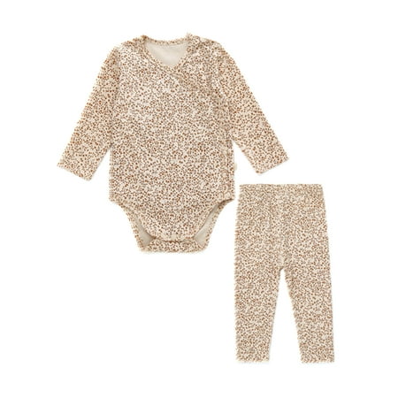 

MAWCLOS Newborn Floral Print 2Pcs Outfit Suit Elastic Waist Photograph Romper Outfits Buttons Loose Home Rompers + Pants Small Leaves 80cm