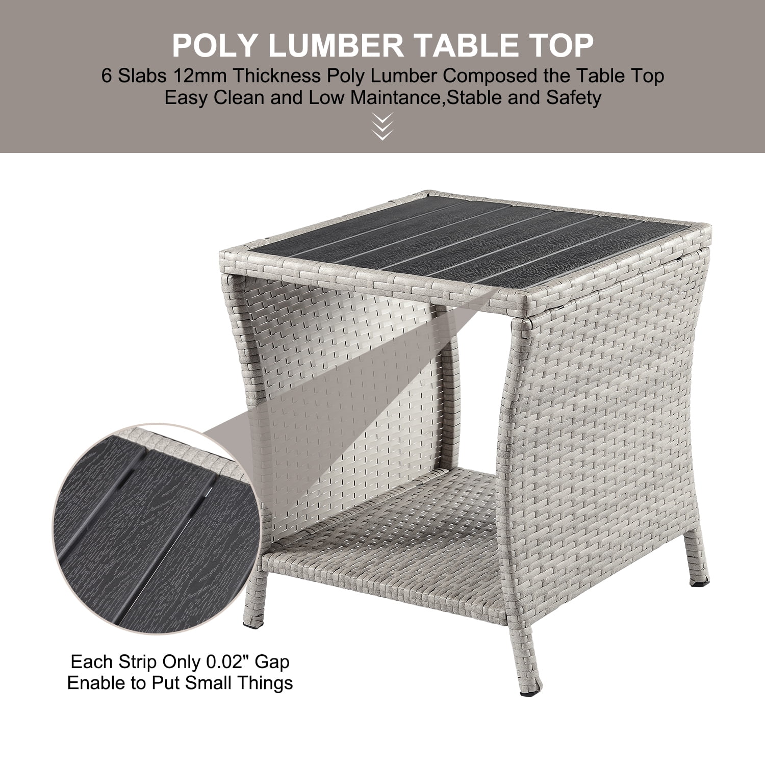 Outdoor Side Table for Patio Small Rattan Wicker Coffee Table Balcony Table Outside end Table with Poly Lumber Table top & Storage Bistro Table for Garden Pouch Deck Living Room Backyard Grey