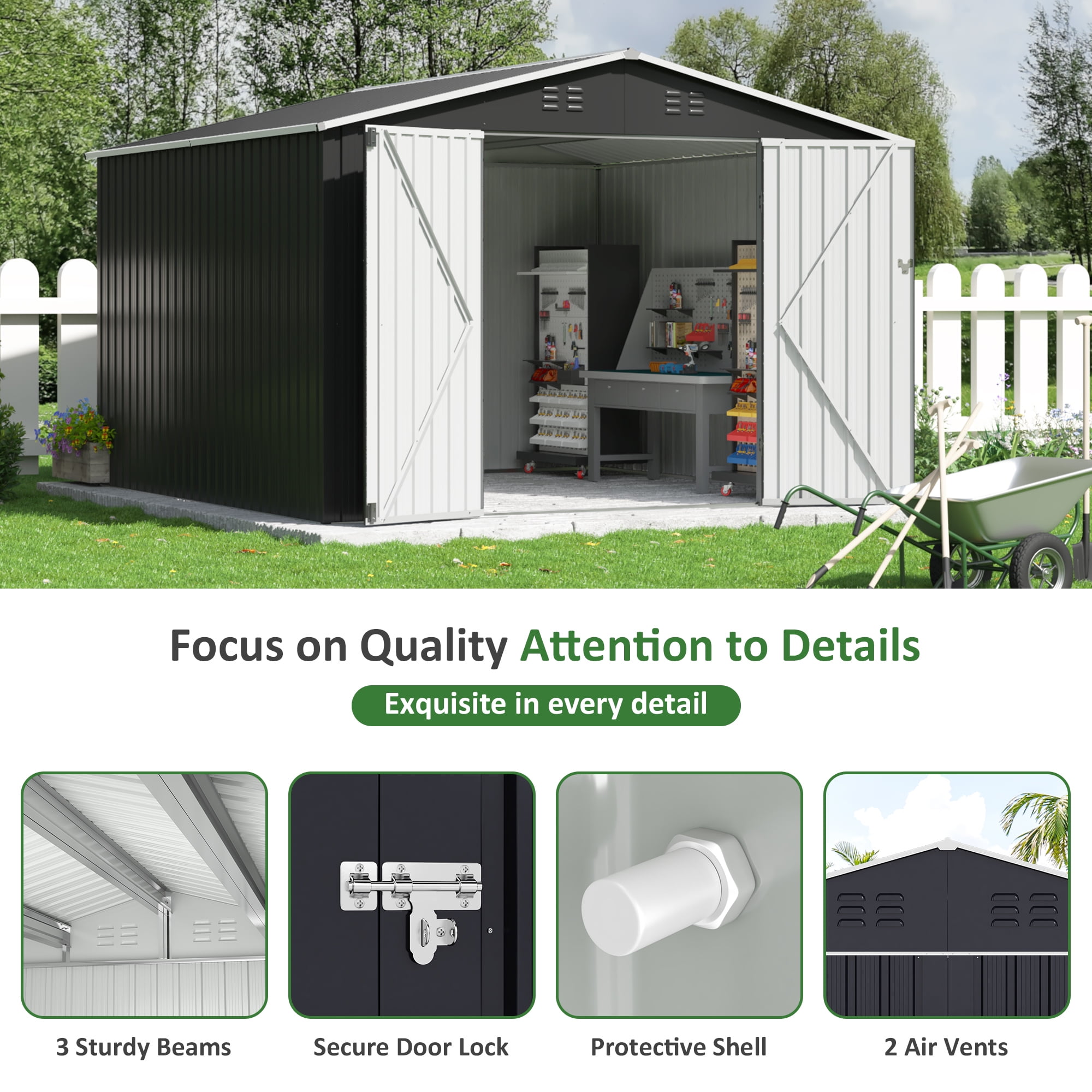 NETAJE 10'x10' Outdoor Metal Shed with Updated Frame, Lockable Doors & Sliding Roof for Backyard, Garden, Gray