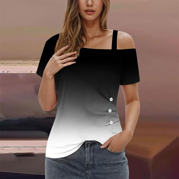 Rezuofi 1 Pcs Womens Off Shoulder Tops Summer Asymmetrical Shirts Short Sleeve Button Ruched Blouses 2025