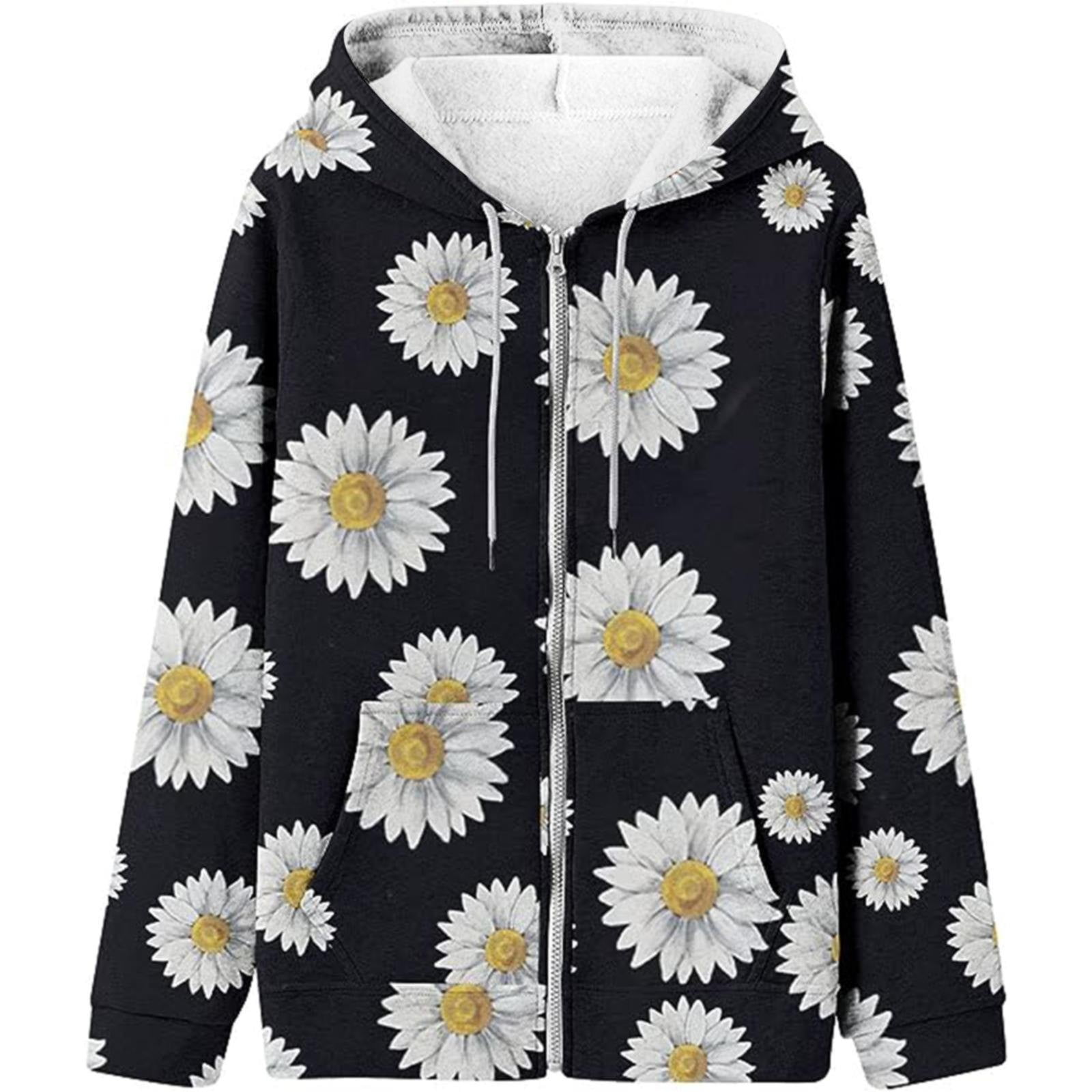 Winter Fall Floral Print Casual Pockets Long Sleeve Jacket Cute Drawstring Hoodie Zipper Women's Hooded Sweatshirt