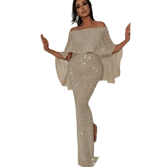 women sequin evening maxi dress bodycon party off the shoulder formal gown flutter sleeve shawl prom dress