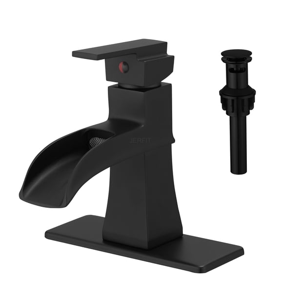 JERFIT Modern Waterfall Bathroom Sink Faucet with Pop-Up Drain, Single Hole 1 Handle Vanity Faucet in Matte Black for Vessel Sinks