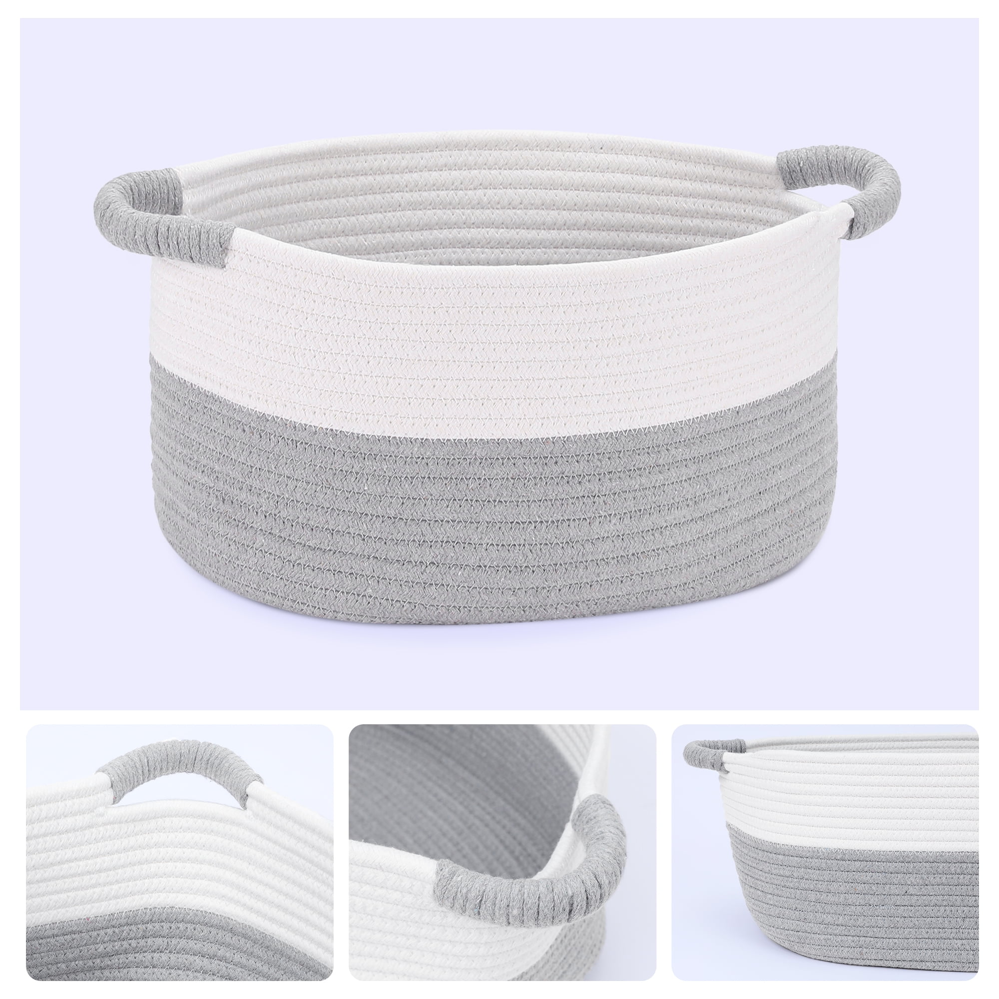 REGALWOVEN Woven Storage Basket with Handles, Shelf Closet Storage Bin White/Grey 13*9.5*7in
