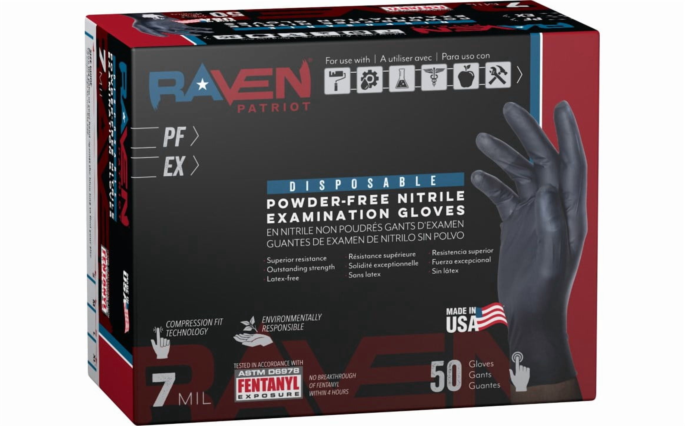 Raven Patriot Nitrile Disposable Gloves, 7 mil, Powder-Free, Exam Grade, 50 Pack, Large