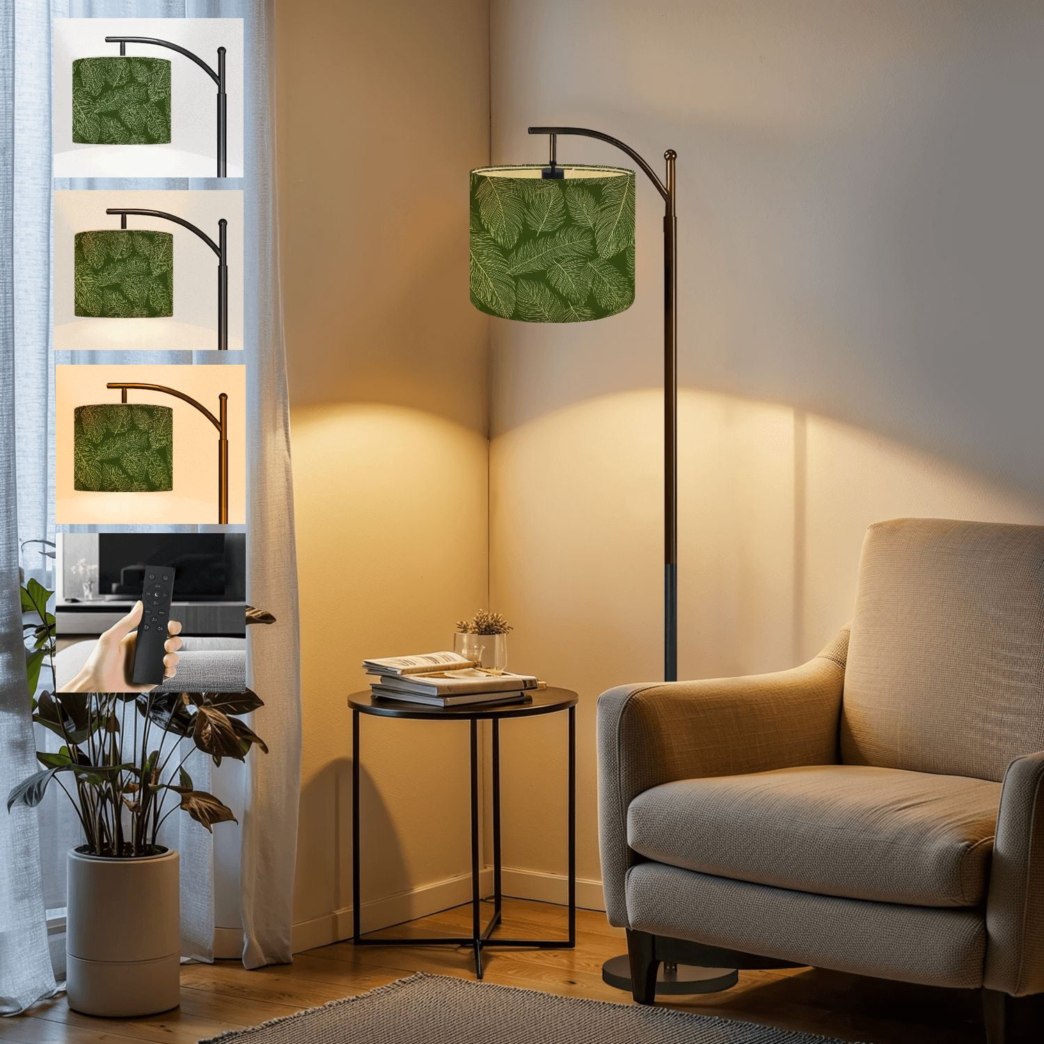 Arc Floor Lamp Luxury Nature green Floral Golden Tall Modern Standing Lamp LED Adjustable Linen Lampshade 3 Color Temperatures