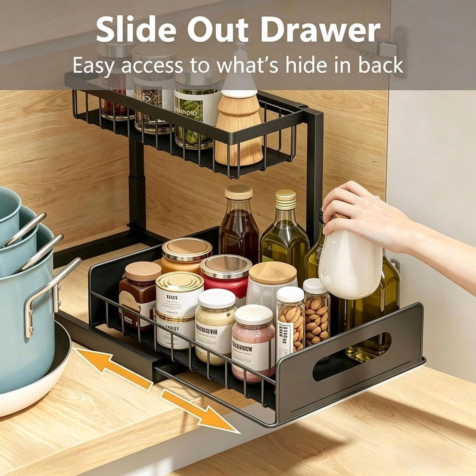 Under Sink Organizers Storage, 2 Tier Under Cabinet Organizer Shelf, Pull Out Kitchen Bathroom Sink Organizer Storage Organization, 2 Pack