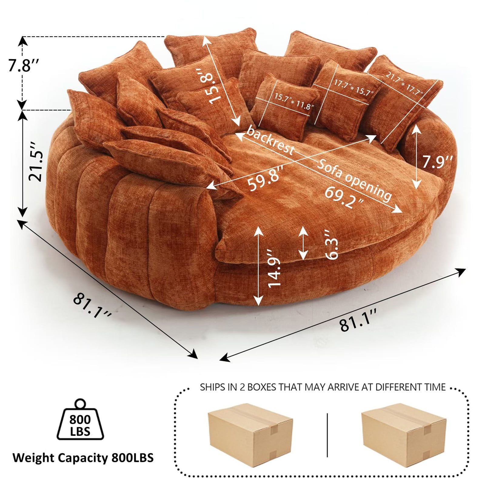 REHOUSING Chenille High Back Oversized and Padded Sofa Bed with 14 Removable Pillows, Orange