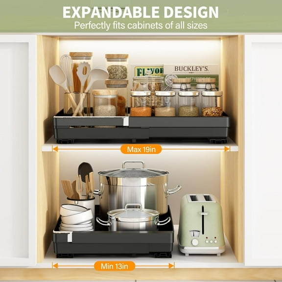 2 Pack Pull Out Cabinet Organizers Expandable (13''-19''), Slide Out Drawers for Kitchen, Bathroom, Pantry, Under Sink Storage, Pull Out Drawers Fixed with Adhesive Nano Film (Black)