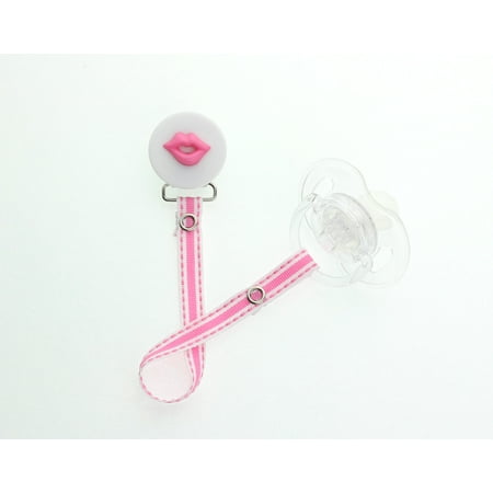 Lips Button Pacifier Clip with Matching Ribbon