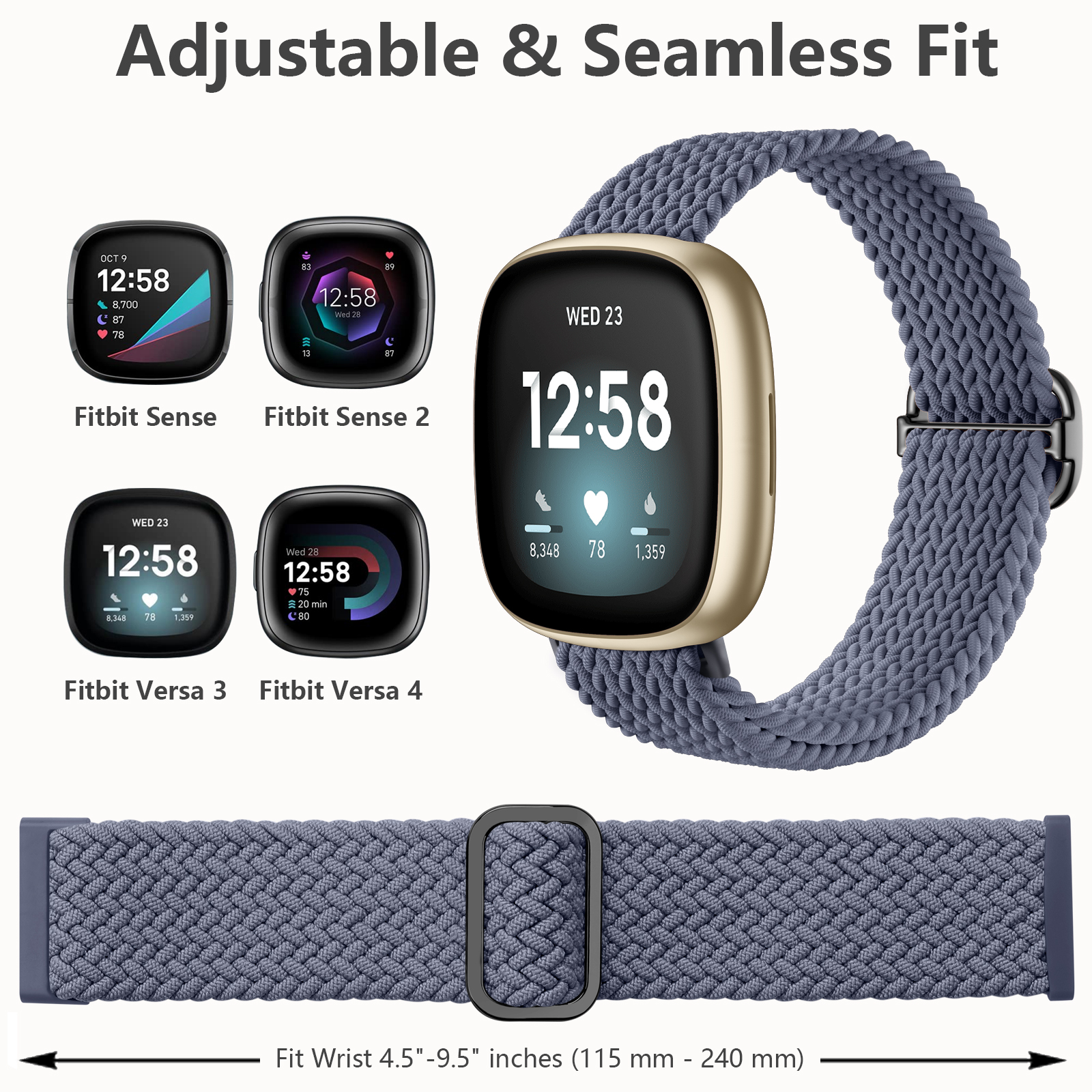 Universal Nylon Solo Loop Braided Band For Fitbit Versa 4/3, Sense & Sense 2 – Sports Strap