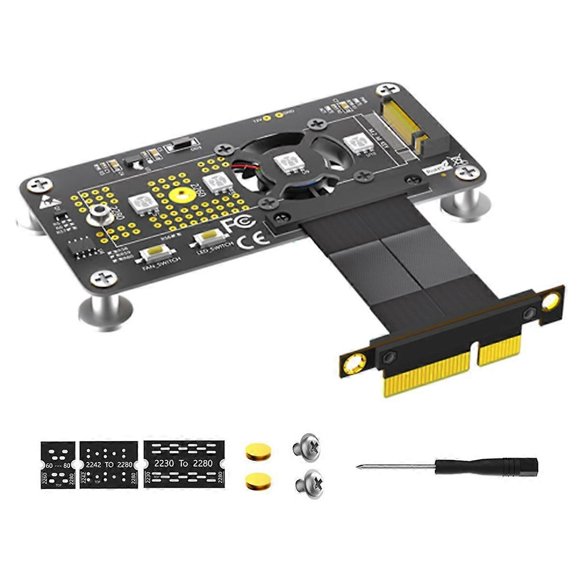 Riser Card M.2 M-Key NVME SSD to PCIe X4 Extension Cable with Cooling Fan RGB LED Magnetic Pad for 2230-2280 NVME SSD B