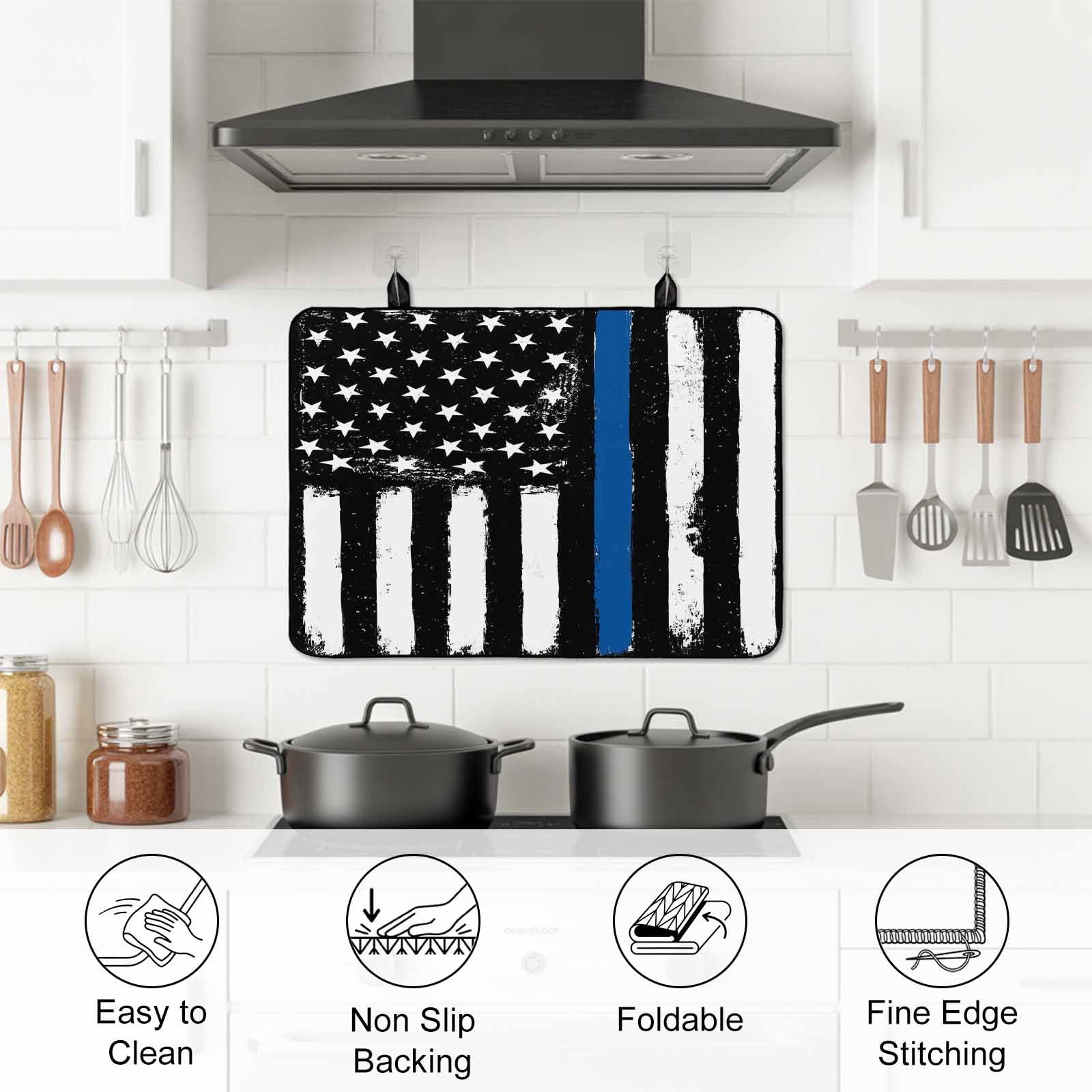 Blue American Flag Stove Top Cover for Electric Stove, Heat-proof & Non Slip Glass Top Stove Cover Protector, Black White Stars Stripe US Flag Kitchen Flat Cooktop Rubber Mat 24x21 Inches