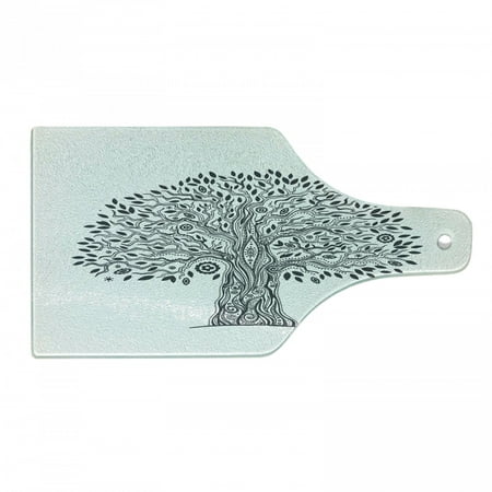 

Vintage Tribal Cutting Board Monochrome Ornamental Tree with Leaves Print Decorative Tempered Glass Cutting and Serving Board in 3 Sizes by Ambesonne