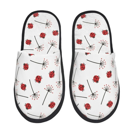 Balery Ladybug With Dandelion Slient Indoor Furry Fleece Comfort House Shoes Soft Non-Slip Home Shoes Cotton slippers House Slippers-- Medium