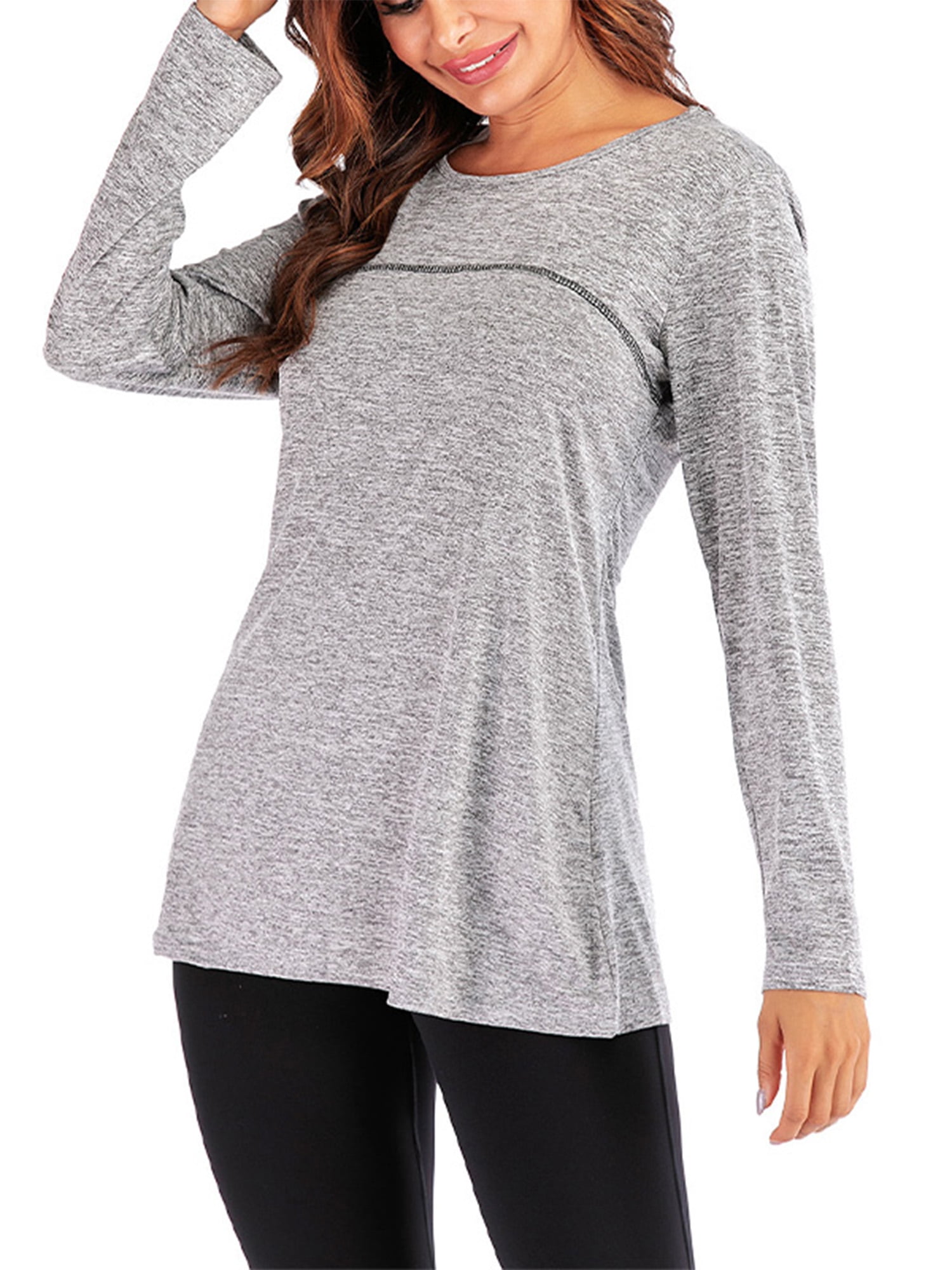 Womens Long Sleeve Stretchy Loose Crew Neck Casual Thumbhole Active Pullover Top