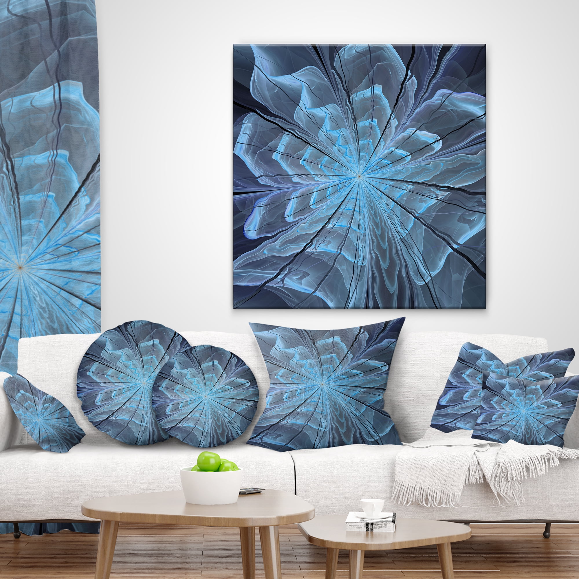 Designart Soft Blue Fractal Flower with Large Petals - Floral Throw Pillow - 18x18