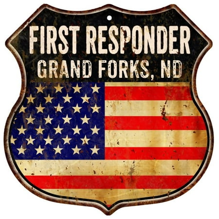 GRAND FORKS, ND First Responder American Flag 12x12 Metal Shield Sign