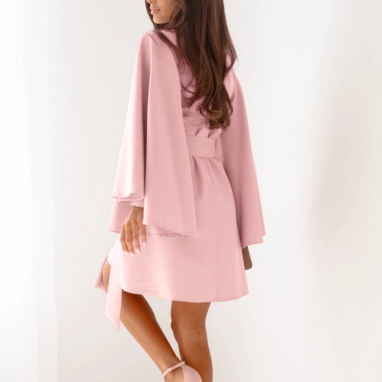 AUNVITO Women's Slim Fit Solid Color Dress with Bell Sleeves & Tie Waist,  Pure Color Polyester Bodycon Dress - Walmart.com
