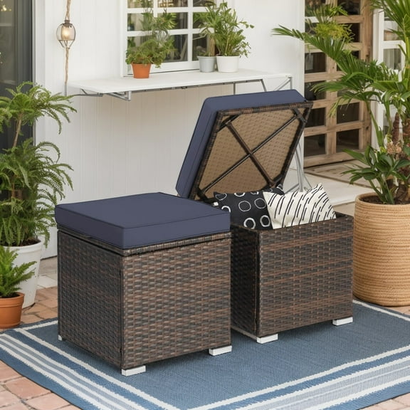 Resenkos 2 Pieces Patio Ottoman with Removable Cushions-Navy, All Weather Wicker Ottoman, Outdoor Patio Ottomans