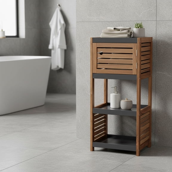 Bathroom Linen Storage Floor Cabinet Elements Acacia - Gray Wood