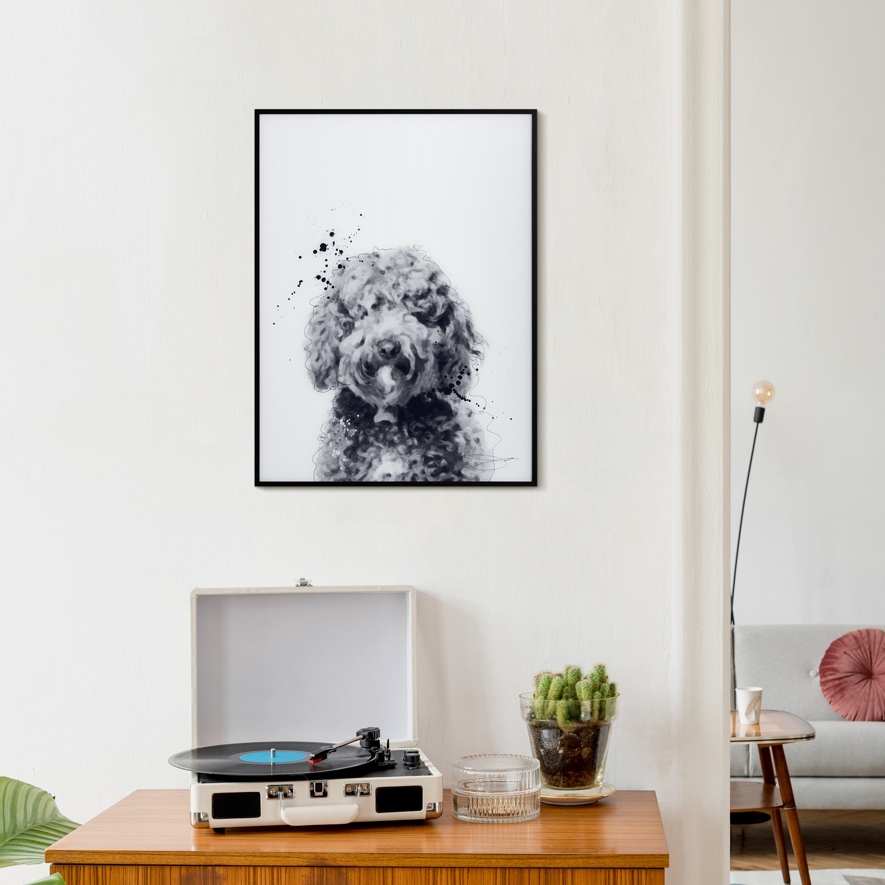 "Labradoodle" Pet Paintings on Printed Glass Encased with a Gunmetal Anodized Frame
