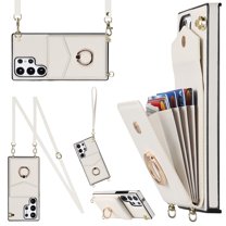 for Samsung Galaxy S23 Ultra Wallet Case with Magnetic RFID Blocking Rotated Ring Holder Kickstand Cover, PU Leather Crossbody Shoulder Strap Lanyard Case with Card Slot Bag Kickstand Case, White