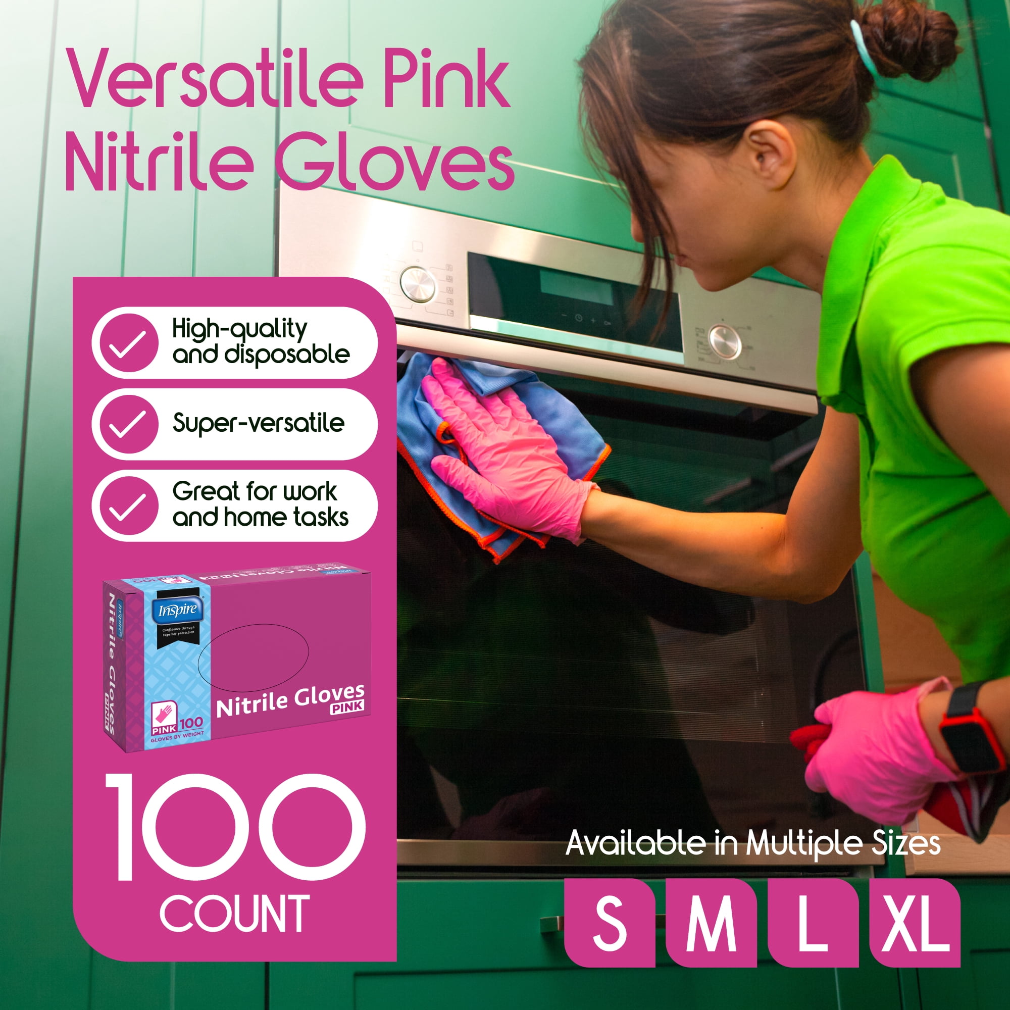 (3 pack) Inspire Pink Gloves Disposable Latex Free | Nitrile Pink Glove Hair and Nail Salon, Esthetician Nitrile Disposable Gloves (100, Medium)