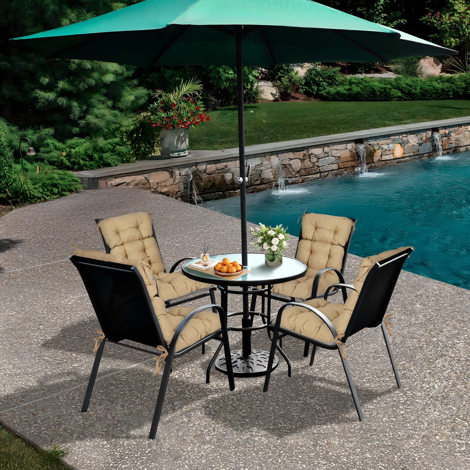 Aoodor Outdoor 45"x 22" x5" Tufted High Back Cushions Patio Replacement Chair Cushion with Ties, Water and Fade Resistant for All Weather (Brown, Set of 2）