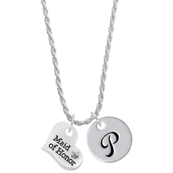 Delight Jewelry Silvertone Large Maid of Honor Heart Silvertone Script Initial Disc - P - Charm Necklace, 20"+3"