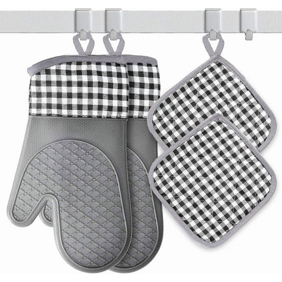 WQQQW Silicone Oven Mitts and Pot Holders, Non-Slip Heat Resistant Thick Oven Gloves 4 Piece Gray