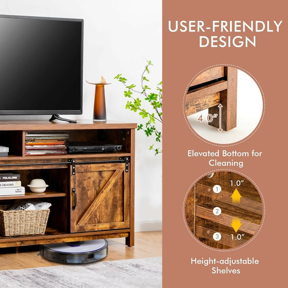 Finihen TV Stand, TV Cabinet, 59 Inch Sliding Barn Door TV Stand with Adjustable Shelves for TVs up to 65 Inch, for Living Room, Bedroom, Coffee