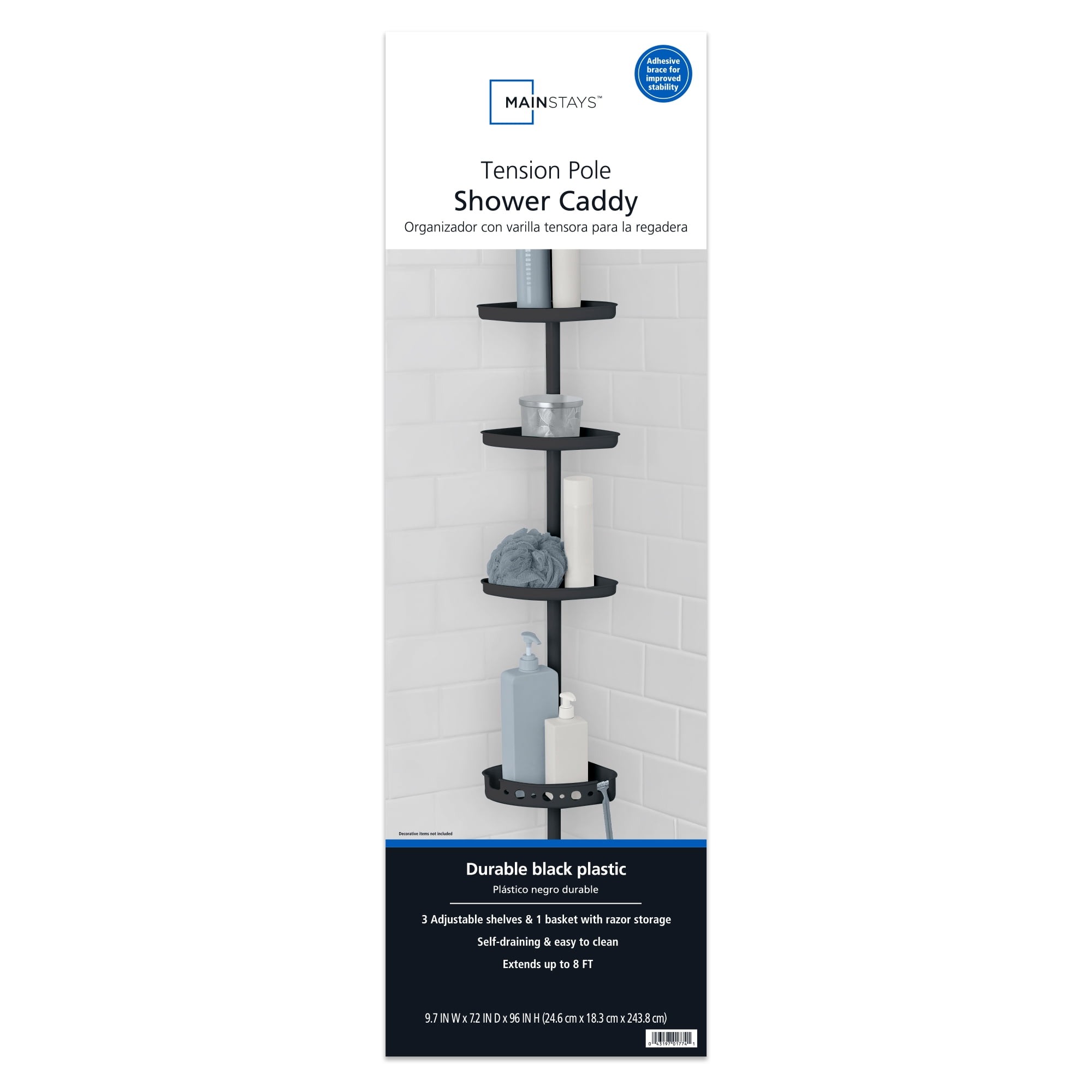 Mainstays 4-Tier Black Tension Pole Shower Caddy Organizer