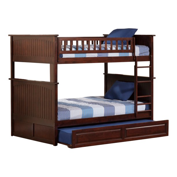 Nantucket Bunk Bed Full over Full with Twin Size Raised Panel Trundle Bed in Walnut