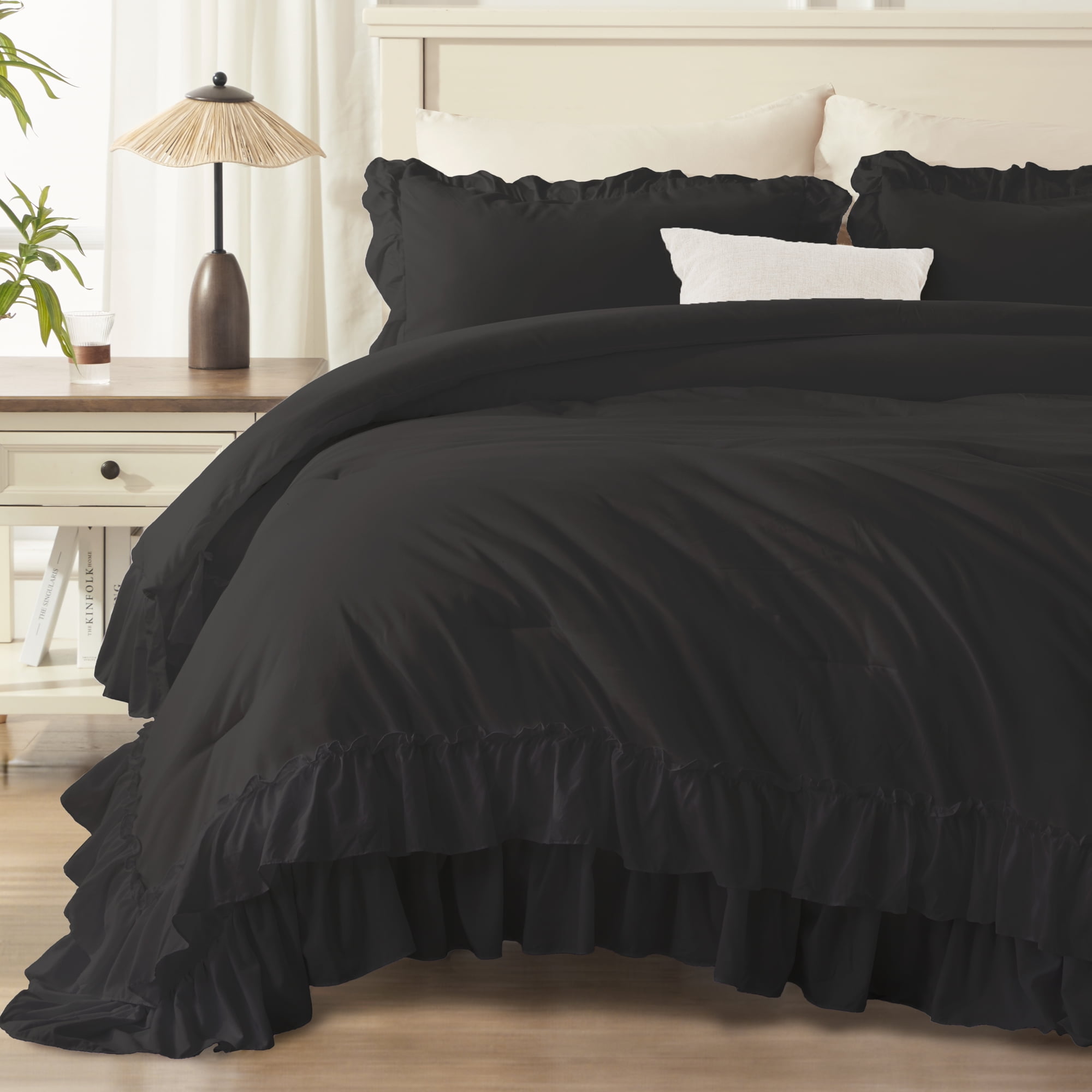 ANGENIA King Size Comforter Set Black, 3 Pieces Farmhouse Shabby Chic Ruffle Bedding, All Season Lightweight Fluffy Soft Bed Comforter Set