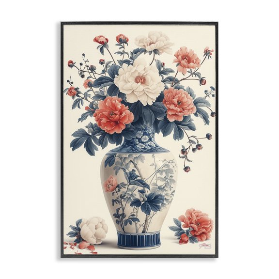 Stupell Industries Vintage Eastern Vase Botanical & Floral Painting Black Framed Art Print Wall Art, 12 x 18