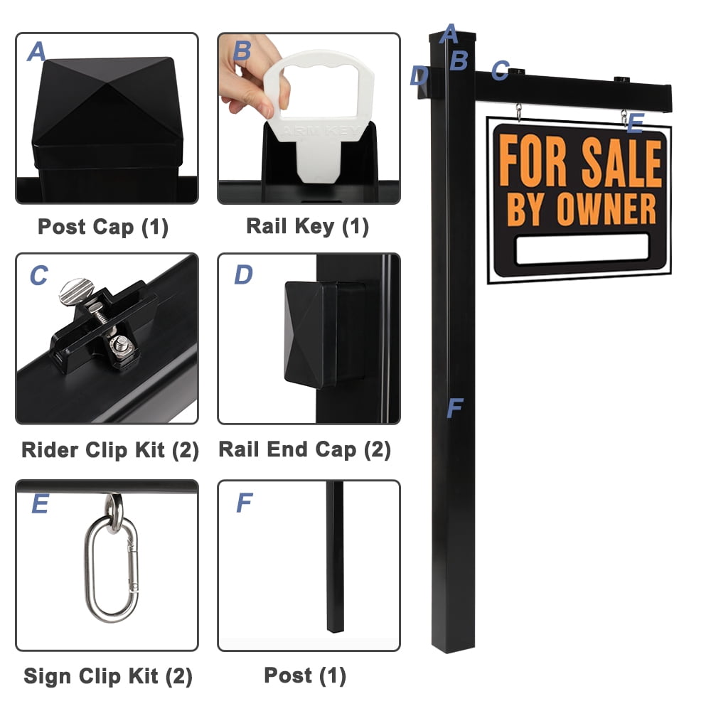 VINGLI 6' Vinyl PVC Real Estate Sign Post for Sale Hanging Ads, 36" Arm Holds up to 24" Sign-Black