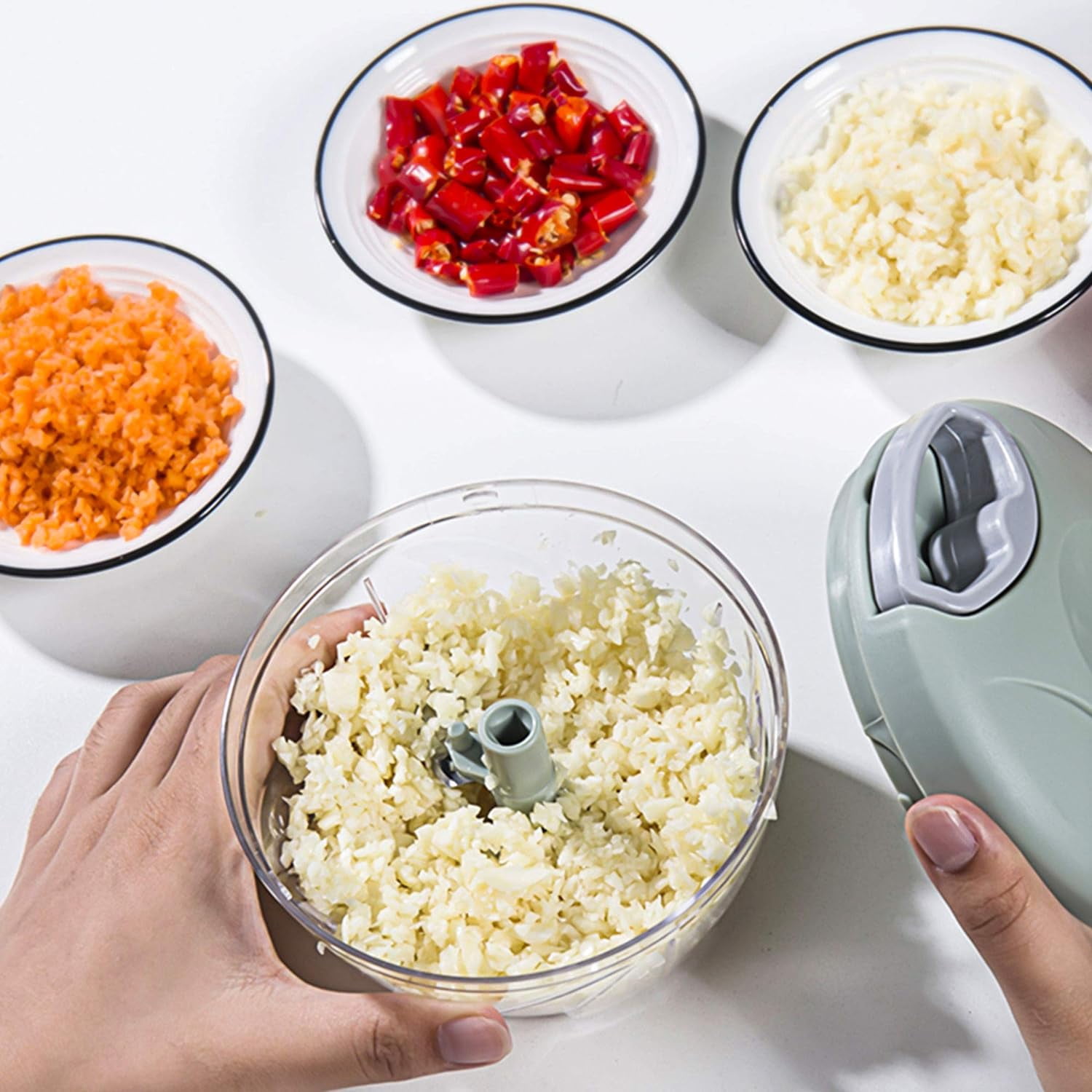 LINLIN Vegetable Onion Chopper, Stainless Steel Removable Blades, Manual Pull Food Chopper, Quick Hand Crusher for Garlic, Meat, Camping, Kitchen, Picnic Party (Blue)