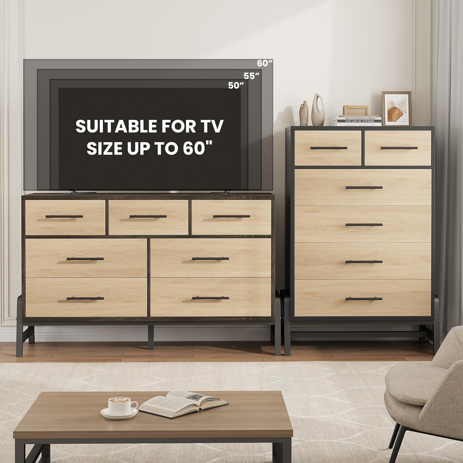 Hetoy 7 Dresser for Bedroom, 52" Wide Dresser, Wide Drawer Dresser with Storage Freestanding, Wooden Closet Dresser Storage Dresser Chest for Living Room, Bedroom, Entryway, Oak+Black