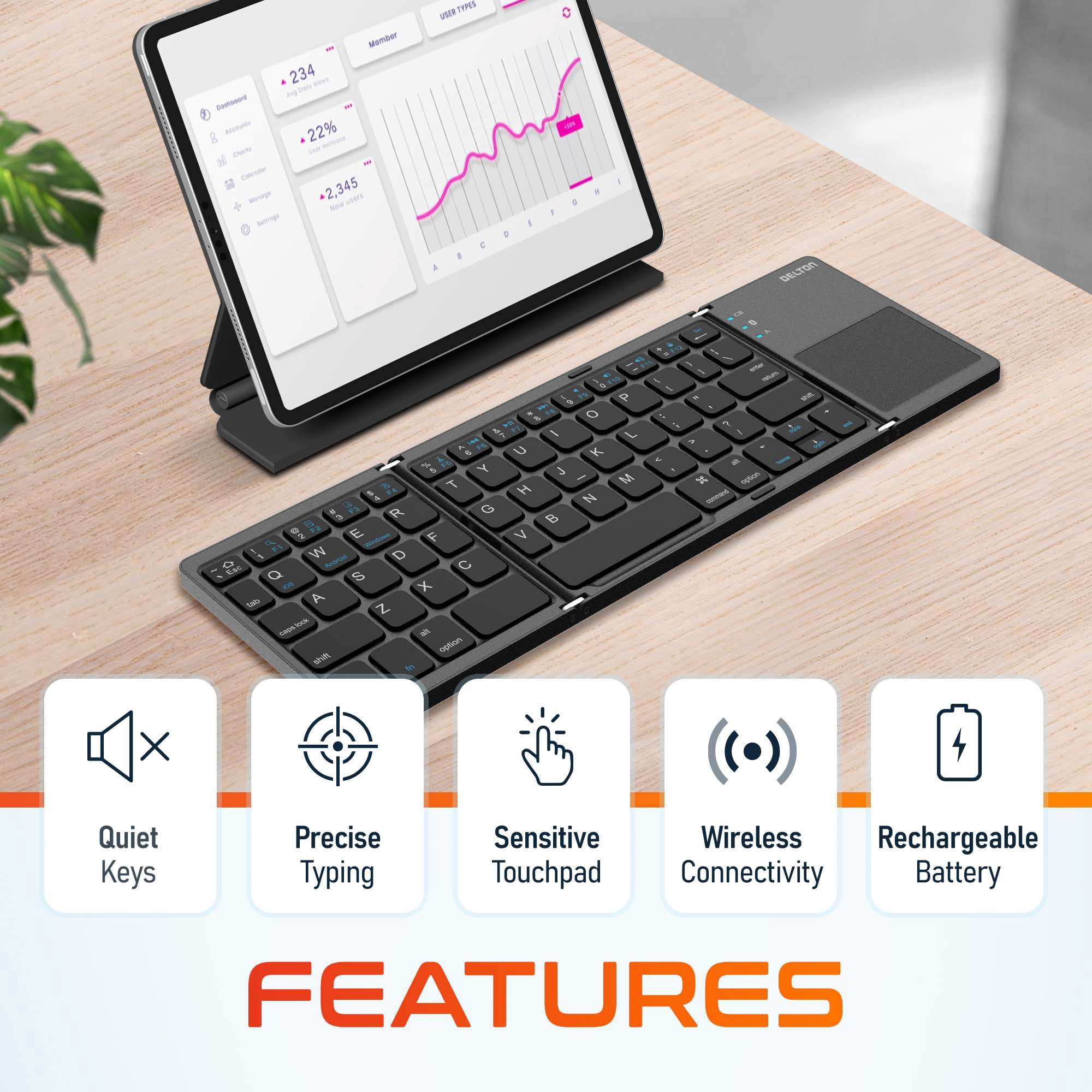 Delton F75 Bluetooth Keyboard with Sensitive Touchpad, Compact and Portable Design, Rechargeable Wireless Foldable Keyboard, Compatible with PC, Laptop, iMac, Tablets & Smartphones - Black
