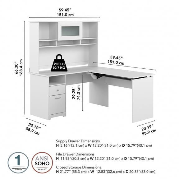 Cabot 60W Sit to Stand L Desk with Hutch in White - Engineered Wood