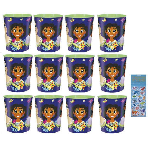Encanto Birthday Party Supplies Bundle Pack includes 12 Plastic Reusable Favor Cups 16oz, 1 Dinosaur Sticker Sheet