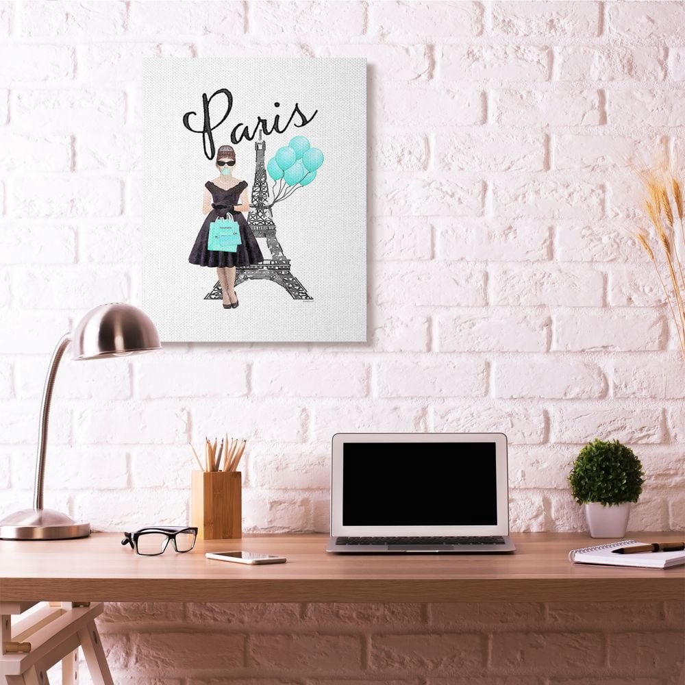 Stupell Industries Paris Woman Shopping Eiffel Tower Blue Glam Fashion Watercolor Canvas Wall Art by Amanda Greenwood