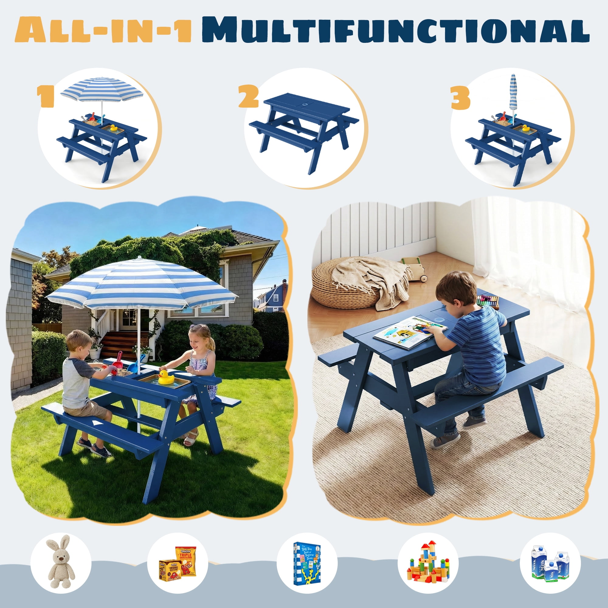 FOOWIN HDPE Kids Picnic Table, 3 in 1 Outdoor Convertible Sand & Water Table with Removable Tabletop, Kids Outdoor Table for Backyard Patio Play, Navy Blue