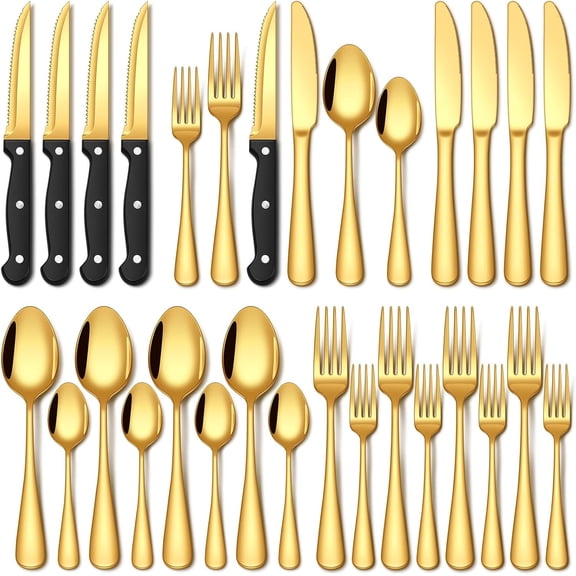 24 Piece Silverware Set with Steak Knives Food Grade Stainless Steel Flatware Set for 4 Cutlery Utensil Set Includes Knife Mirror Polished Dishwasher Safe for Home Restaurant