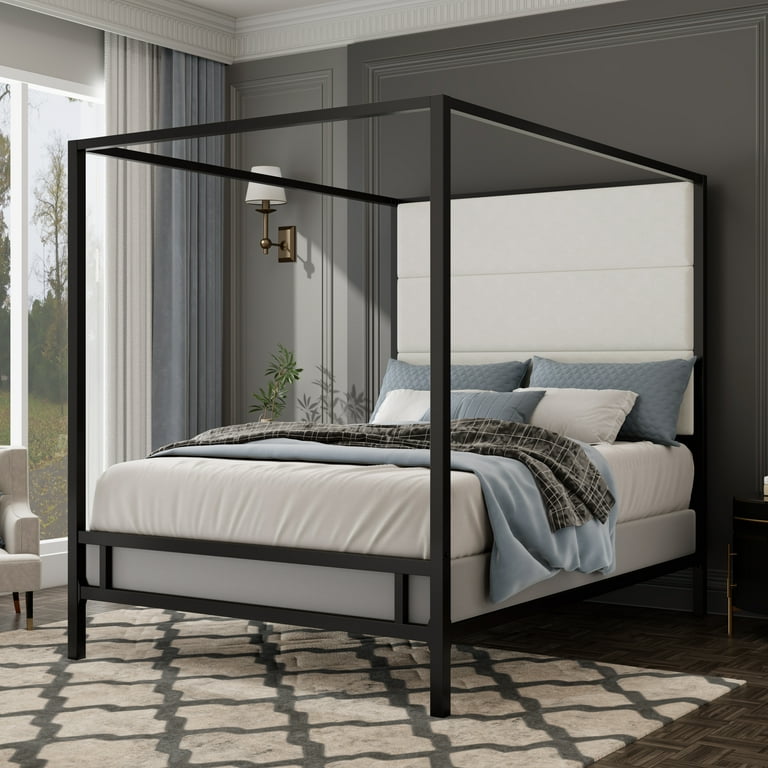 Euroco Queen Canopy Bed with Upholstered Headboard, Black photo 2